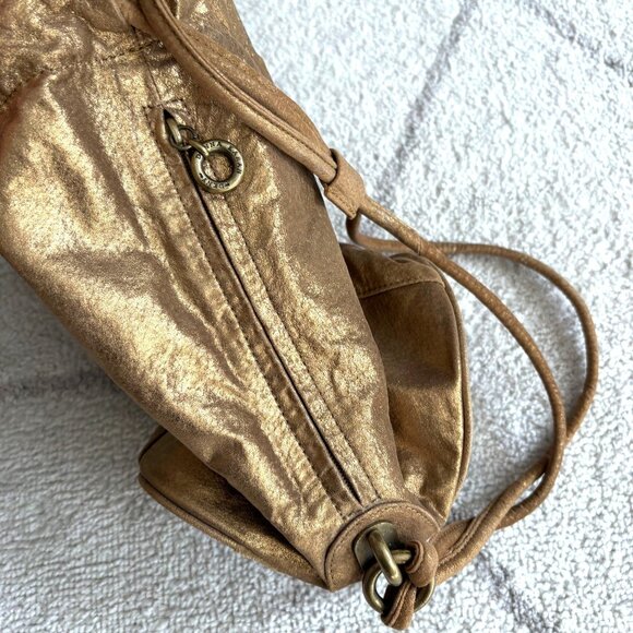 Vintage DKNY Metallic Gold Leather Backpack Purse Drawstring Shoulder Bag